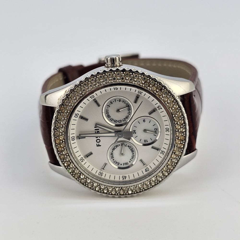 Fossil Women's Watch 38MM White Dial DayDate NEW Brown Leather Bands NEW Battery - Picture 5 of 14